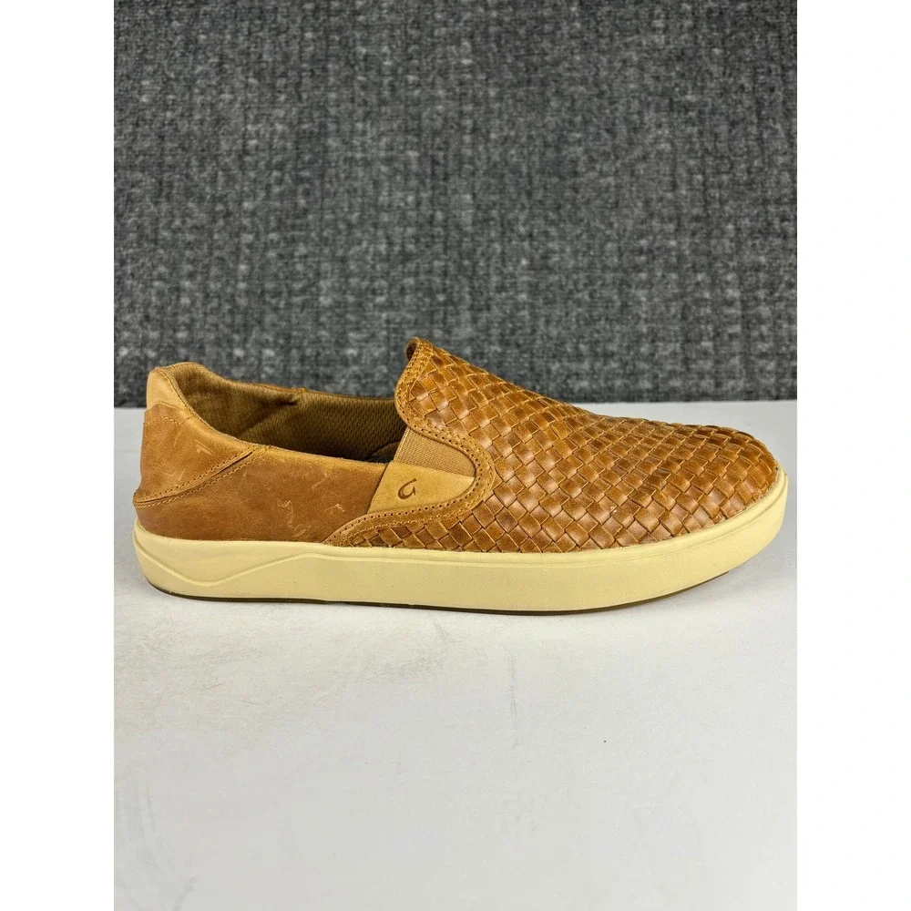 OluKai Lae'ahi Lauhala Woven Leather Slip On Shoes Size 9.5 Fox Tan